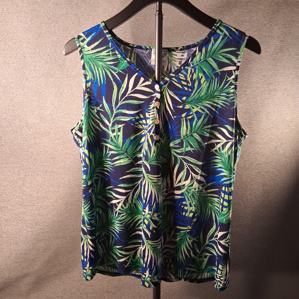 Late August Tropical Palm Leaf Print Sleeveless Top Size L Green Blue V-Neck